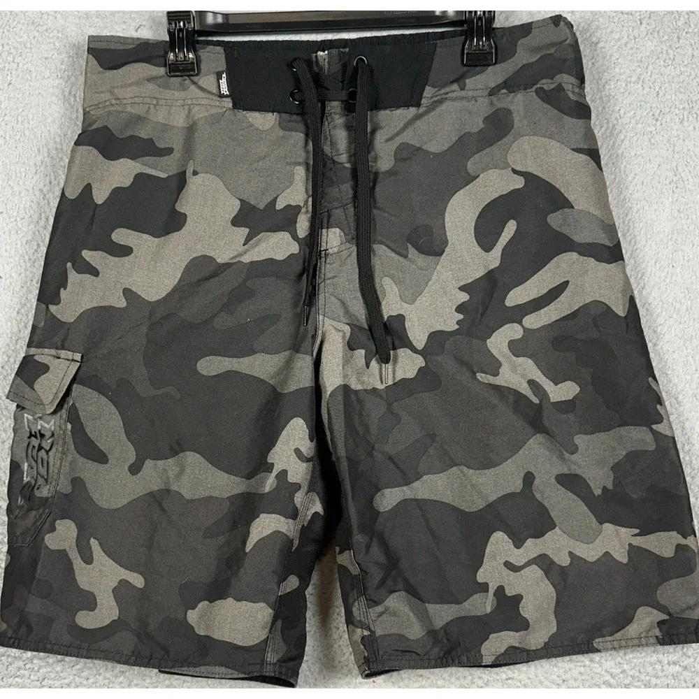 No Fear Swim Trunks Mens Large Grey Camo Mesh Lined Cargo Drawstring Boardshorts